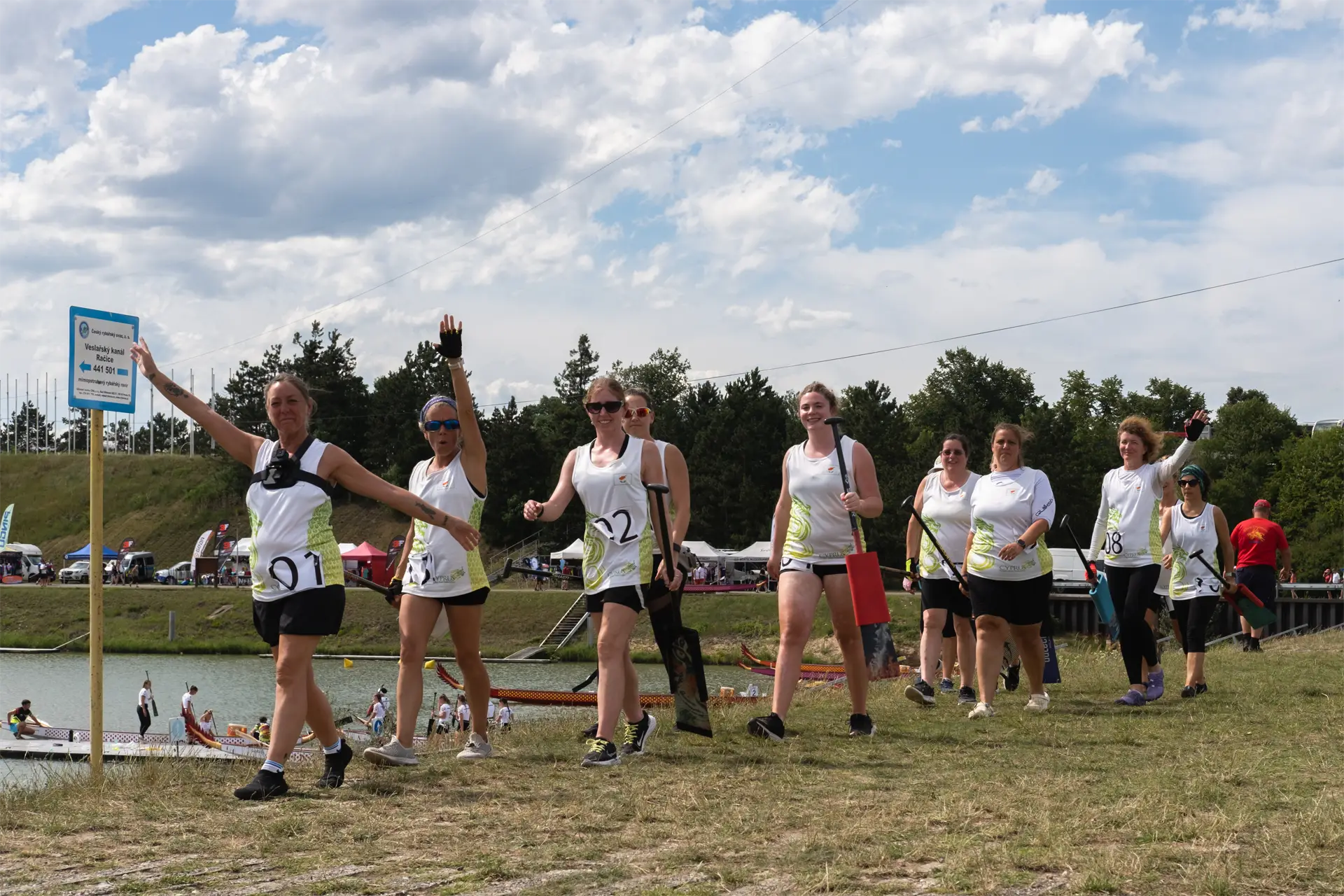 dragon boat cyprus national team female paddlers walking